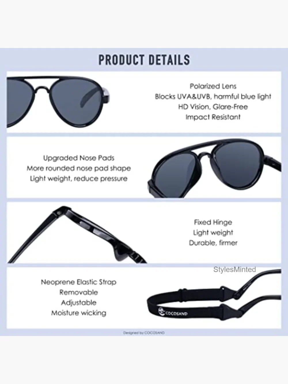 Infant Aviator Sunglasses with Strap Polarized UV Protection Flexible Pilot for